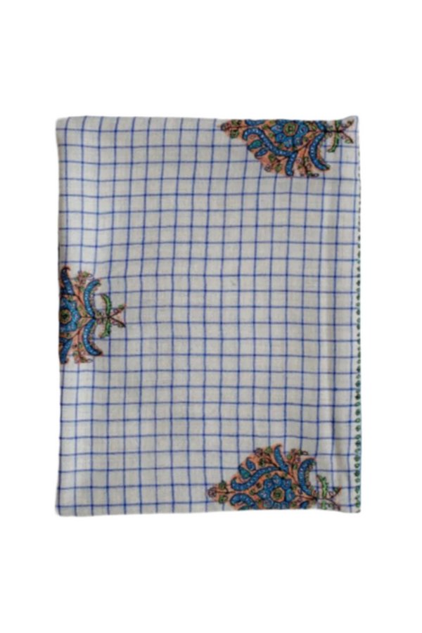 Paisley Embroidered Scarf - Ivory/Blue Check
