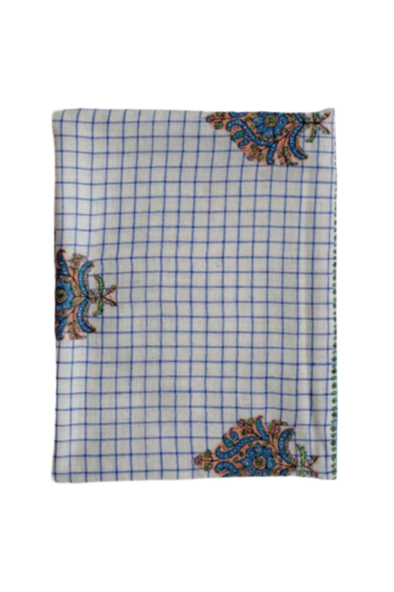 Paisley Embroidered Scarf - Ivory/Blue Check