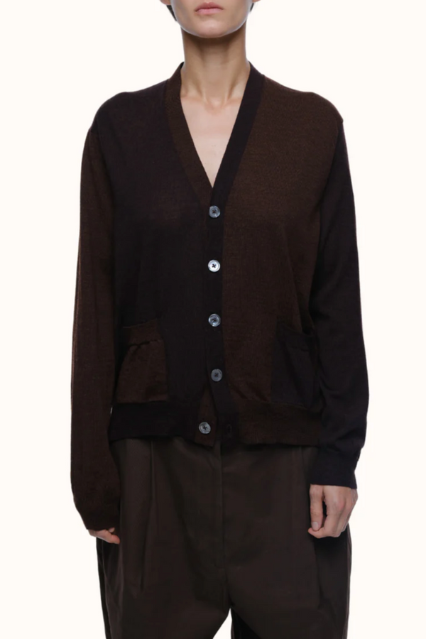 Adrian V Neck Cardigan in Merino - Chocolate