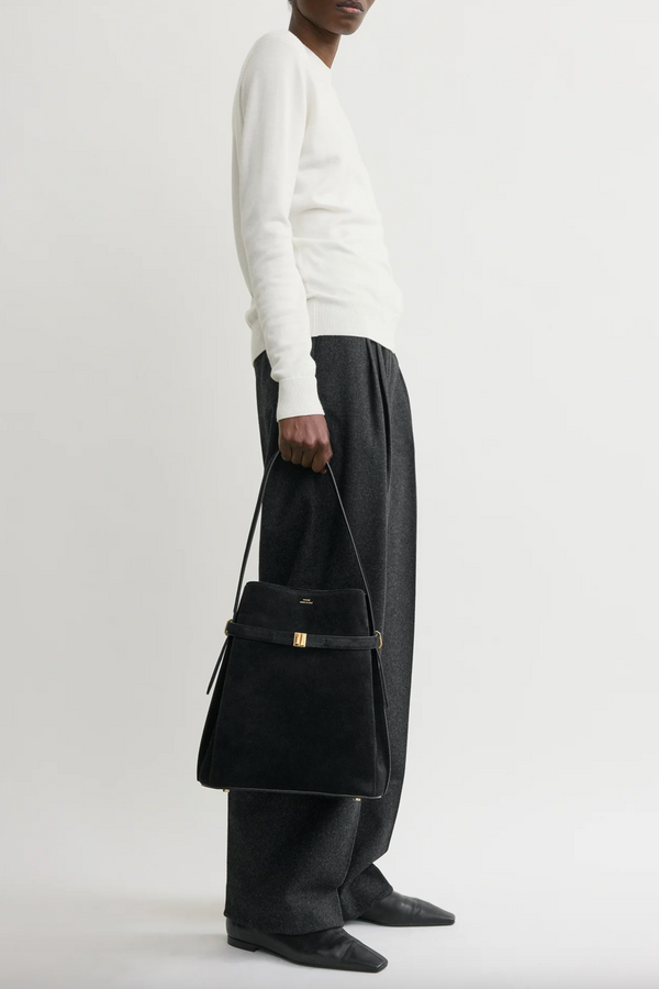 Belted Suede Bucket Bag - Black