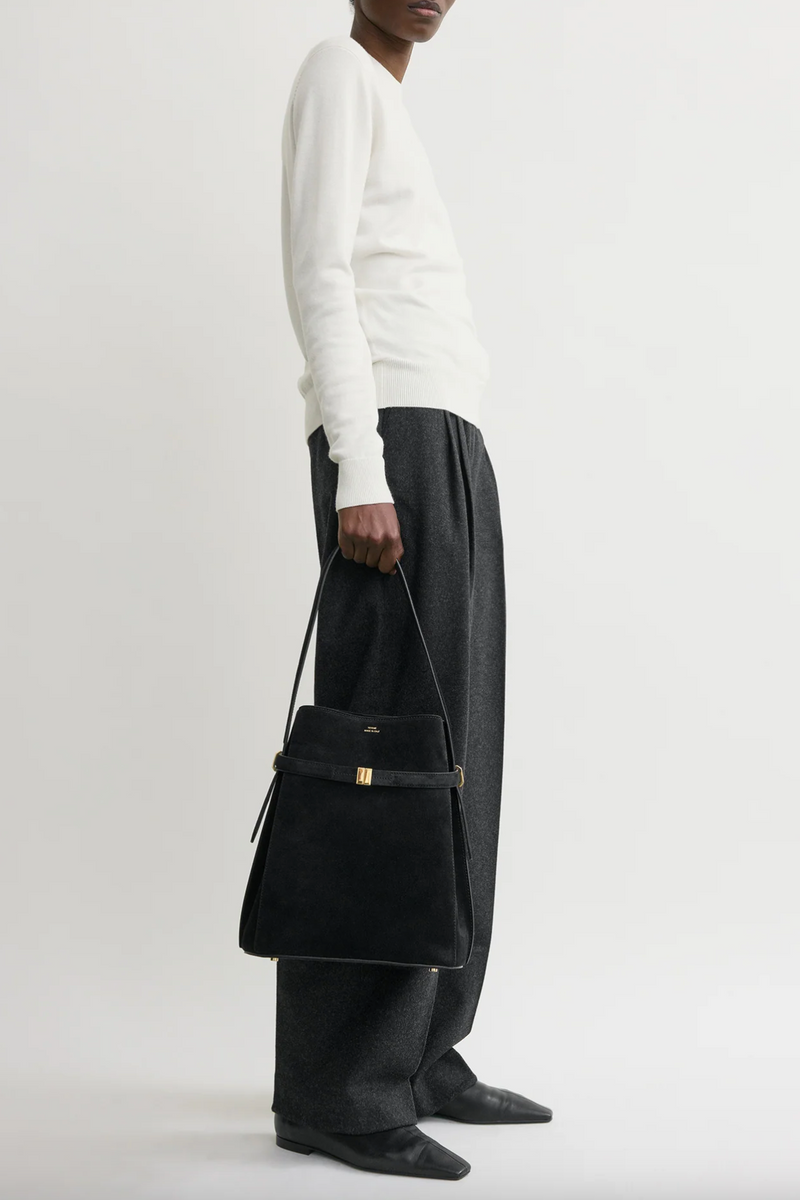 Belted Suede Bucket Bag - Black