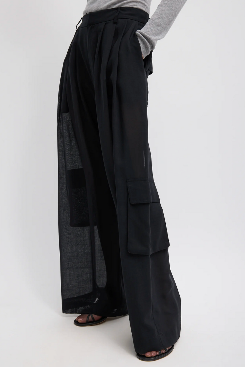 Sheer Wool Gauze Triple Pleat Pant - Black
