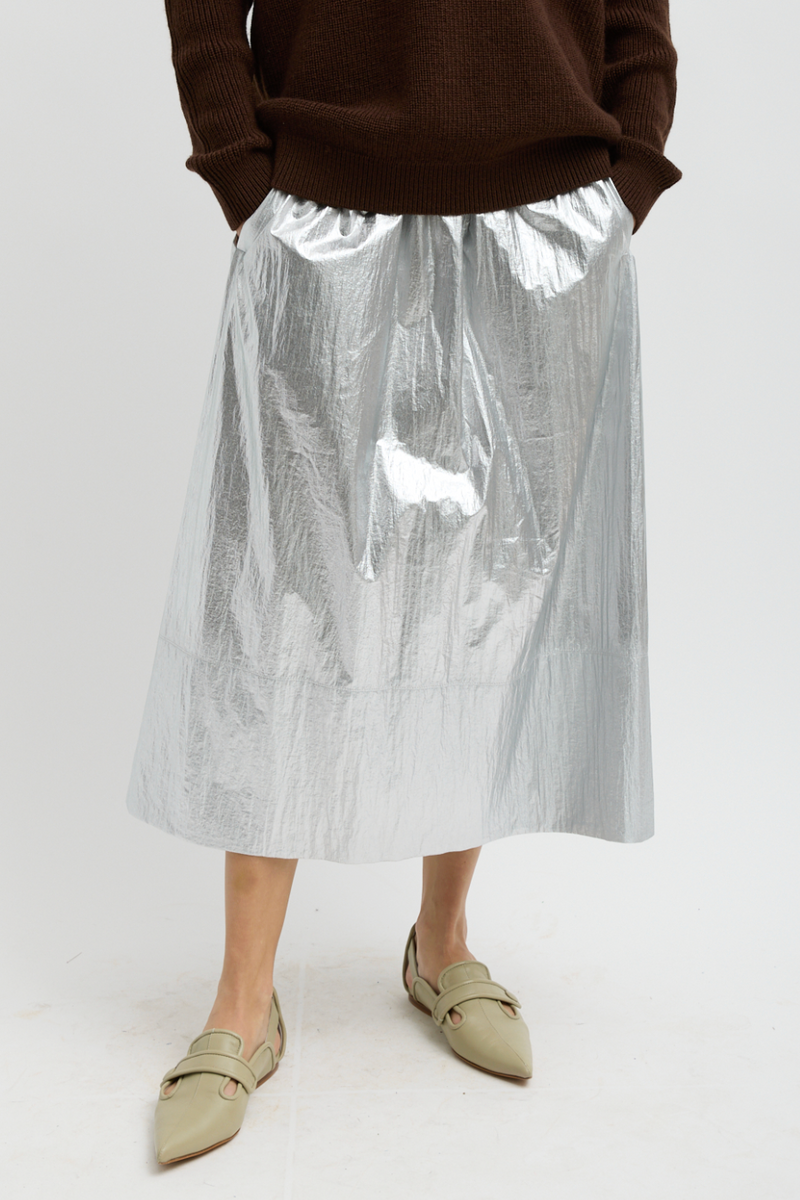 Metallic Nylon Pull On Full Skirt - Silver