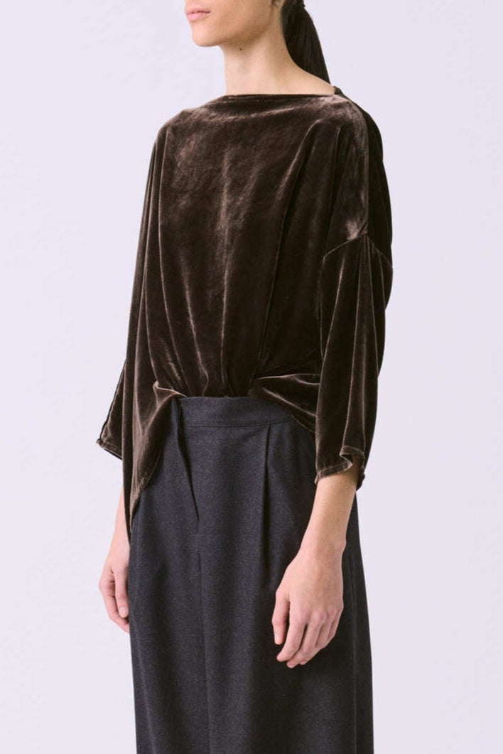 Asymmetrical T-Shirt in Silk Velvet - Brown