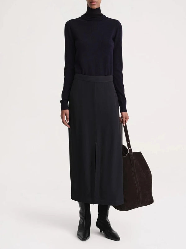 Front Split Satin  Midi Skirt - Navy
