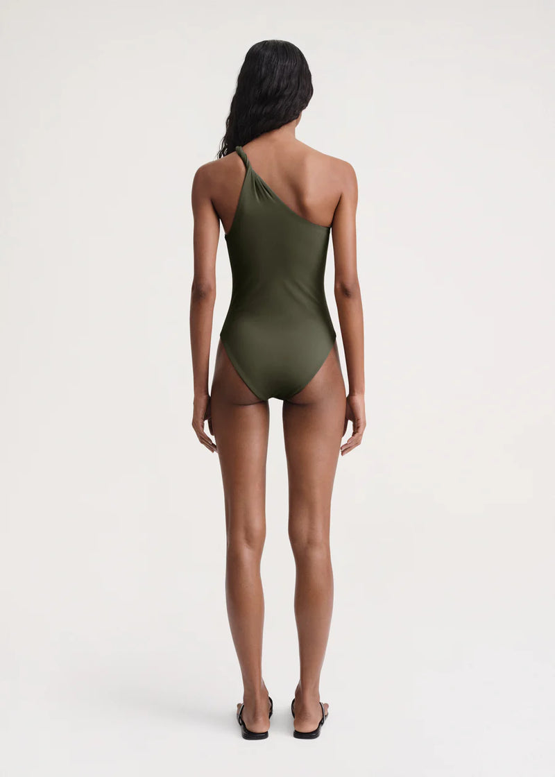 Twist Strap One Shoulder Swimsuit - Faded Olive