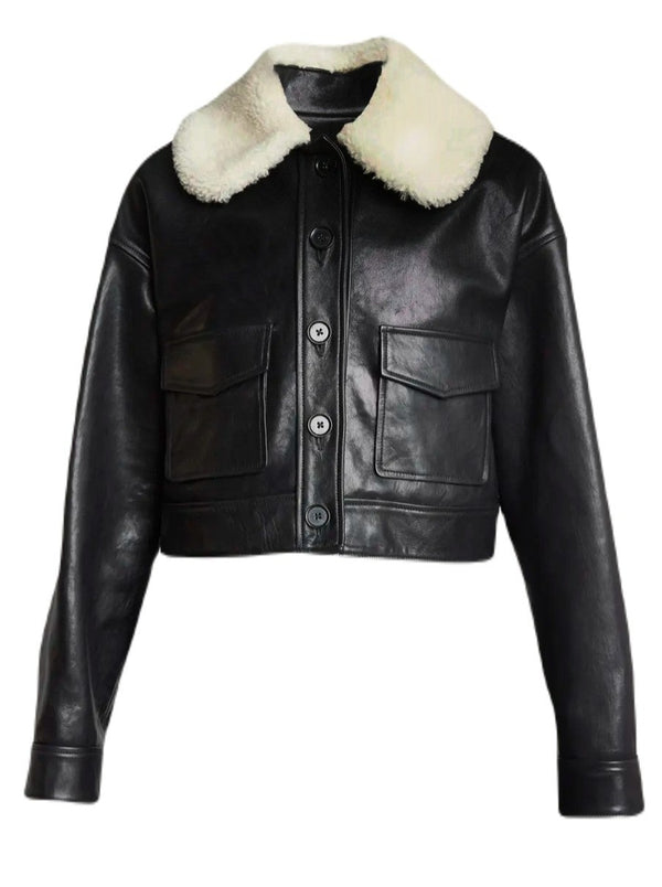 Shearling Collar Leather Jacket - Black