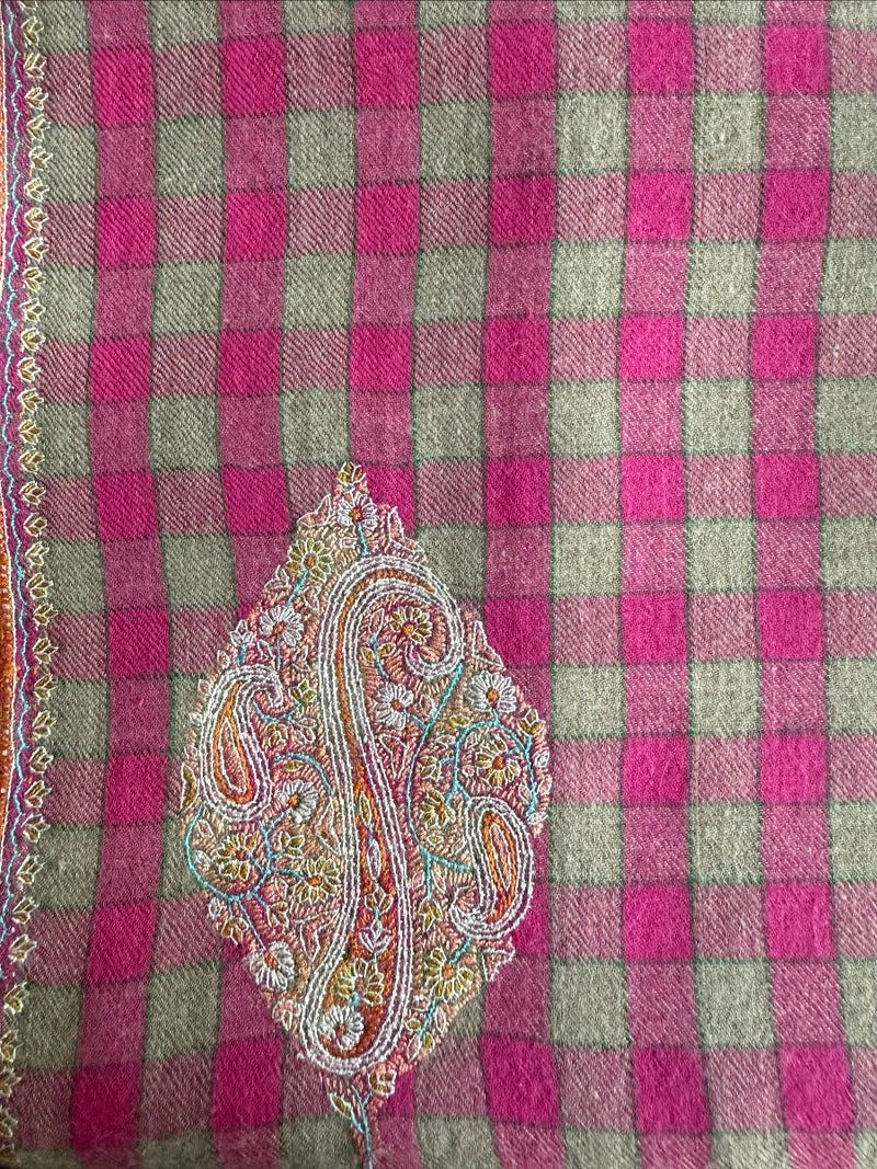 All Over Embroidered Cashmere Scarf - Fuchsia Check