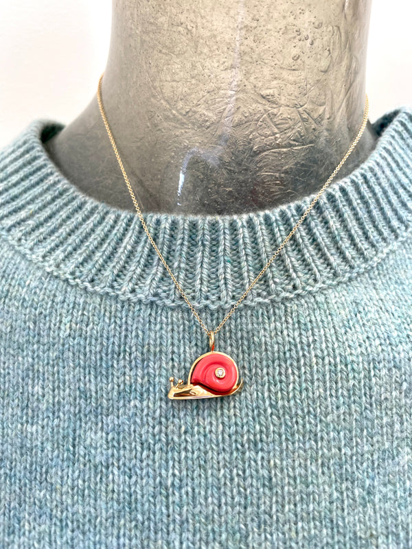Small Snail Necklace - Coral & Diamond