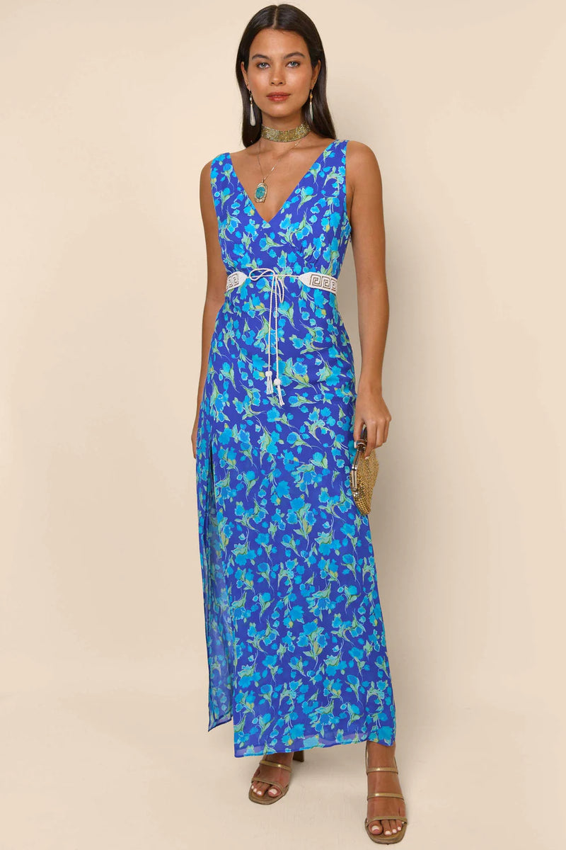 Moniq Slit Dress - Floral Cobalt