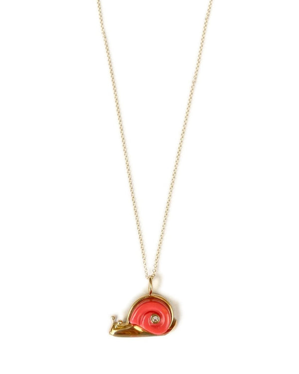 Small Snail Necklace - Coral & Diamond